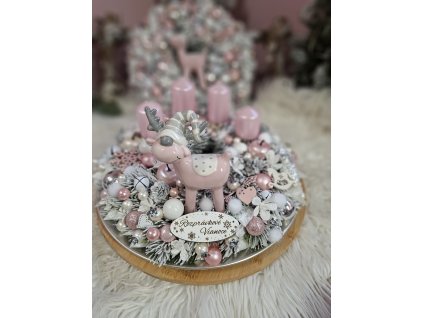 Adventný veniec so sobíkom ružovo-biely 31cm