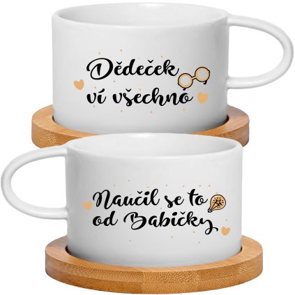 Párové Makronkové šálky 2x180 ml - DĚDEČEK VÍ VŠECHNO, NAUČIL SE TO OD BABIČKY (Barva Zelená)