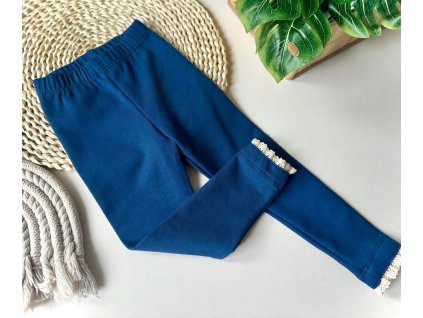 Zateplené legíny tmavomodré s čipkou a vzorom