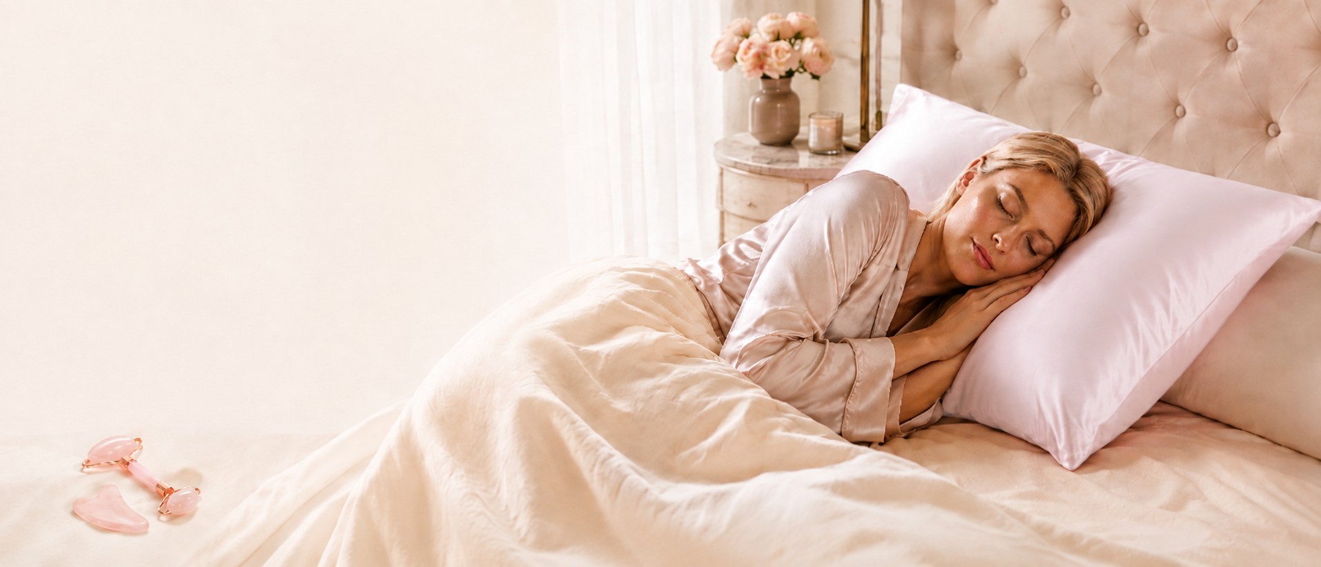 Žena spící na růžovém hedvábném povlaku LOVESILK