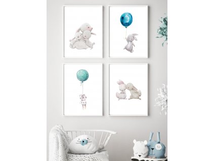 Plakát Kouzelný králíček s modrým balónkem