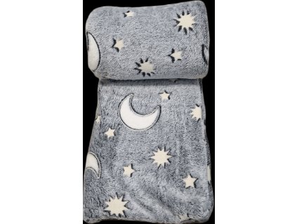 Svítící mikroplyšová deka šedá Hvězdy a měsíc 150x200cm