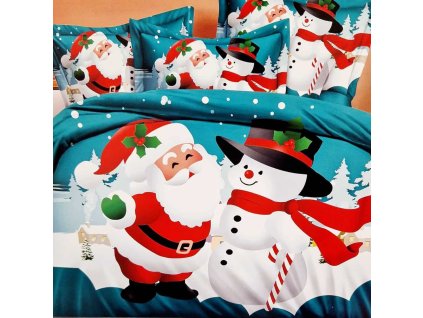 Vánoční 3D povlečení zelenomodré Santa a sněhulák