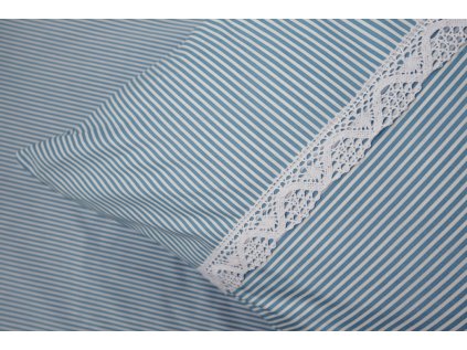 Krepové povlečení MODRÝ PROUŽEK drobný s krajkou (Název 140x200 cm (1 ks), 70x90 cm s krajkou (1 ks) , Barva Modrá)