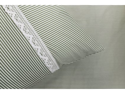 Krepové povlečení OLIVOVÝ PROUŽEK S KRAJKOU (Název 140x200 cm (1 ks), 70x90 cm s krajkou (1 ks) , Barva Zelená)