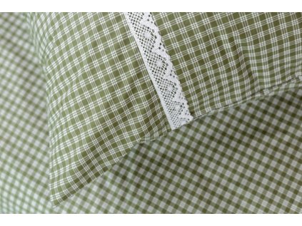 Bavlněné povlečení ZELENÁ KOSTIČKA pozitiv s bílou krajkou na polštáři (Název 140x200 cm (1 ks), 70x90 cm s krajkou (1 ks) , Barva Zelená)