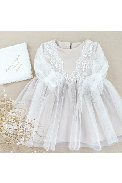 Sukienka do Chrztu Blanka bez i ecru z koronka i tiulowym rekawkiem
