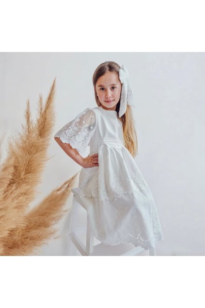 Dievčenské šaty rosa 3 v ecru s čipkovaným volánom a opaskom