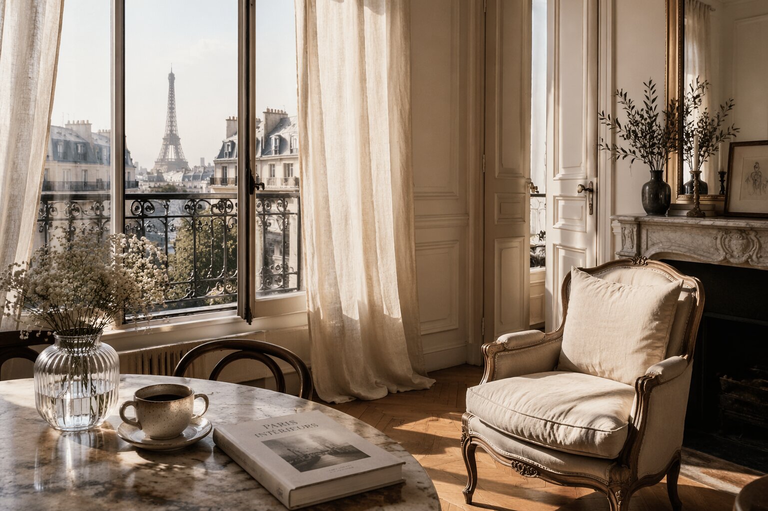 Interiér inspirovaný Francií s jemnými textiliemi, elegantní atmosférou a přirozeným mixem starého a nového