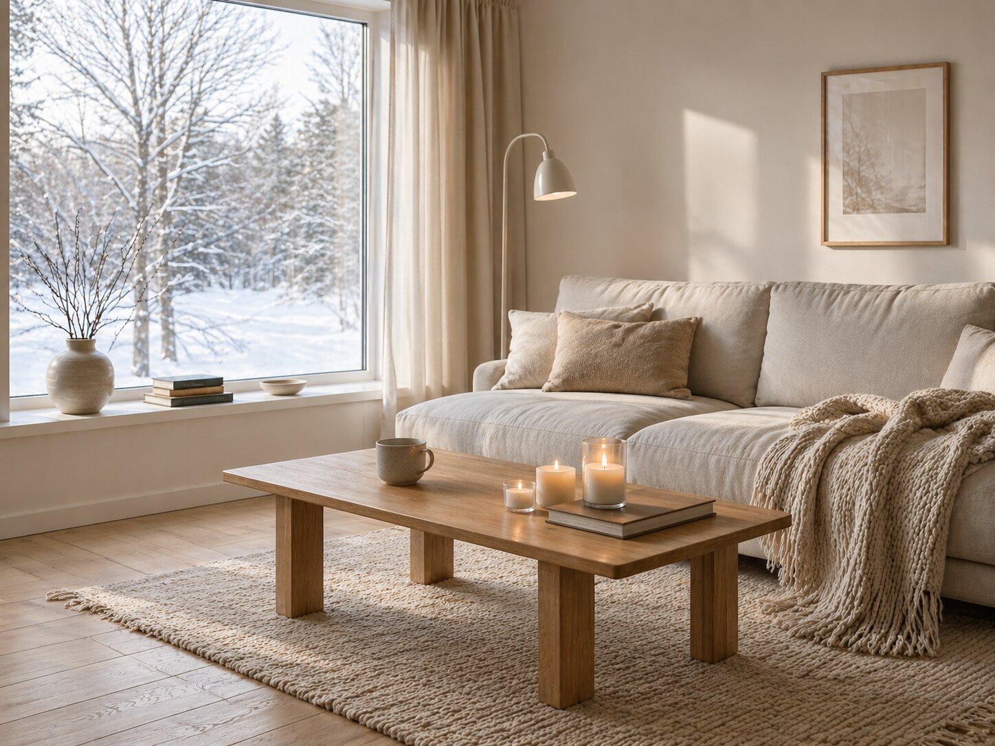 Světlý skandinávský interiér s přírodním dřevem, měkkými textiliemi a klidnou atmosférou domova