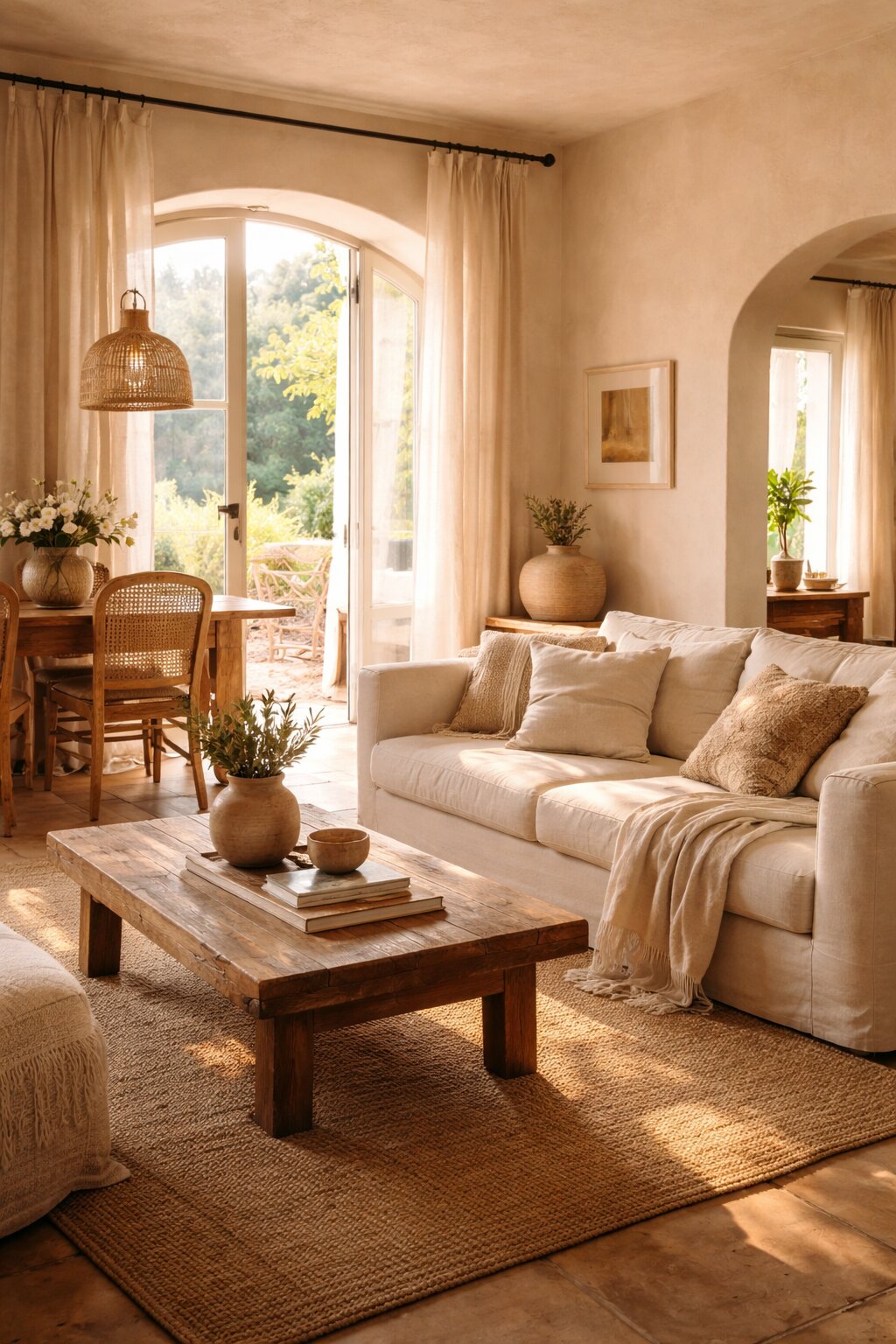 Interiér inspirovaný Itálií s teplými tóny, přírodními materiály a útulnou atmosférou