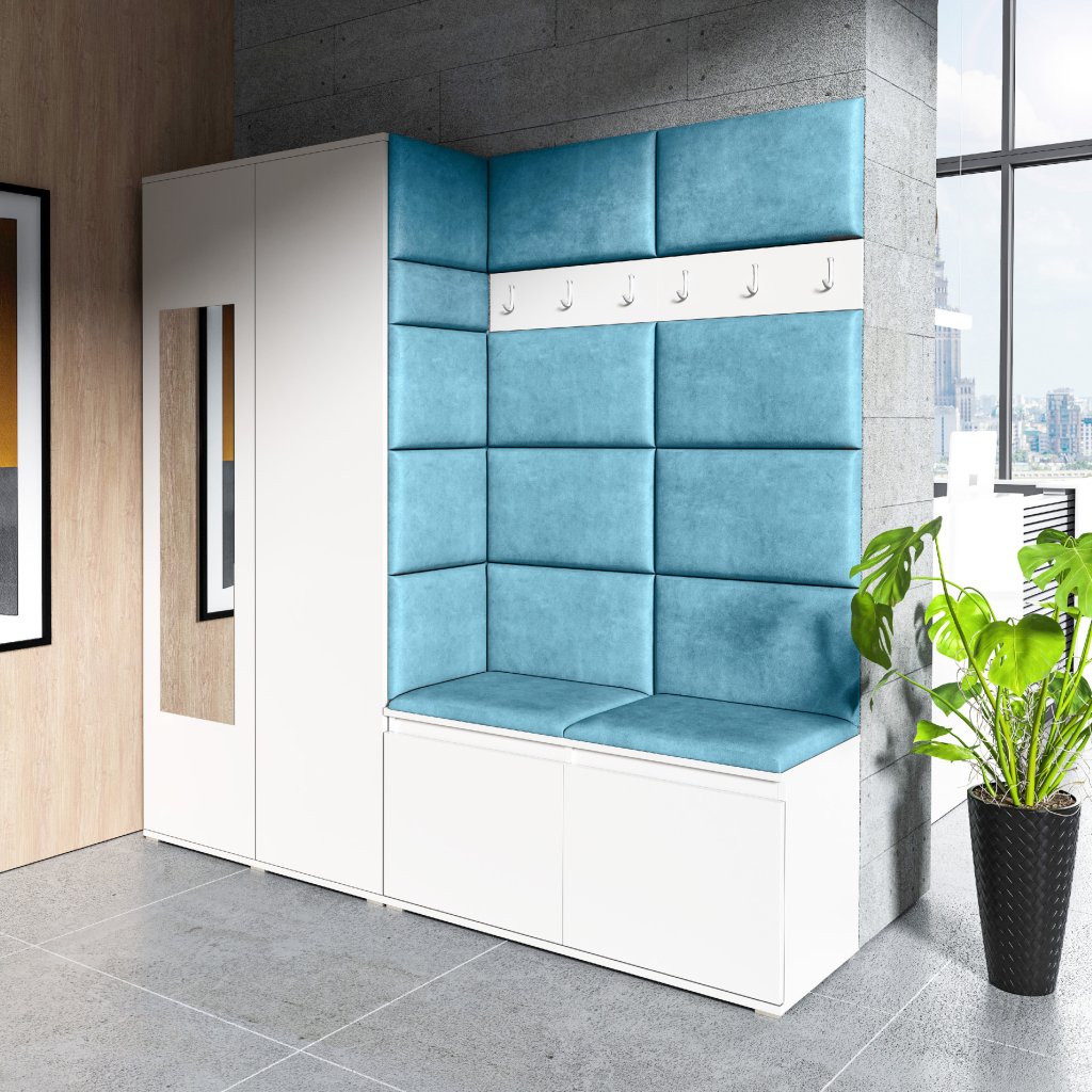 Eka Předsíňová stěna s čalouněnými panely Trinity 8 - Bílá / Azurová 2313