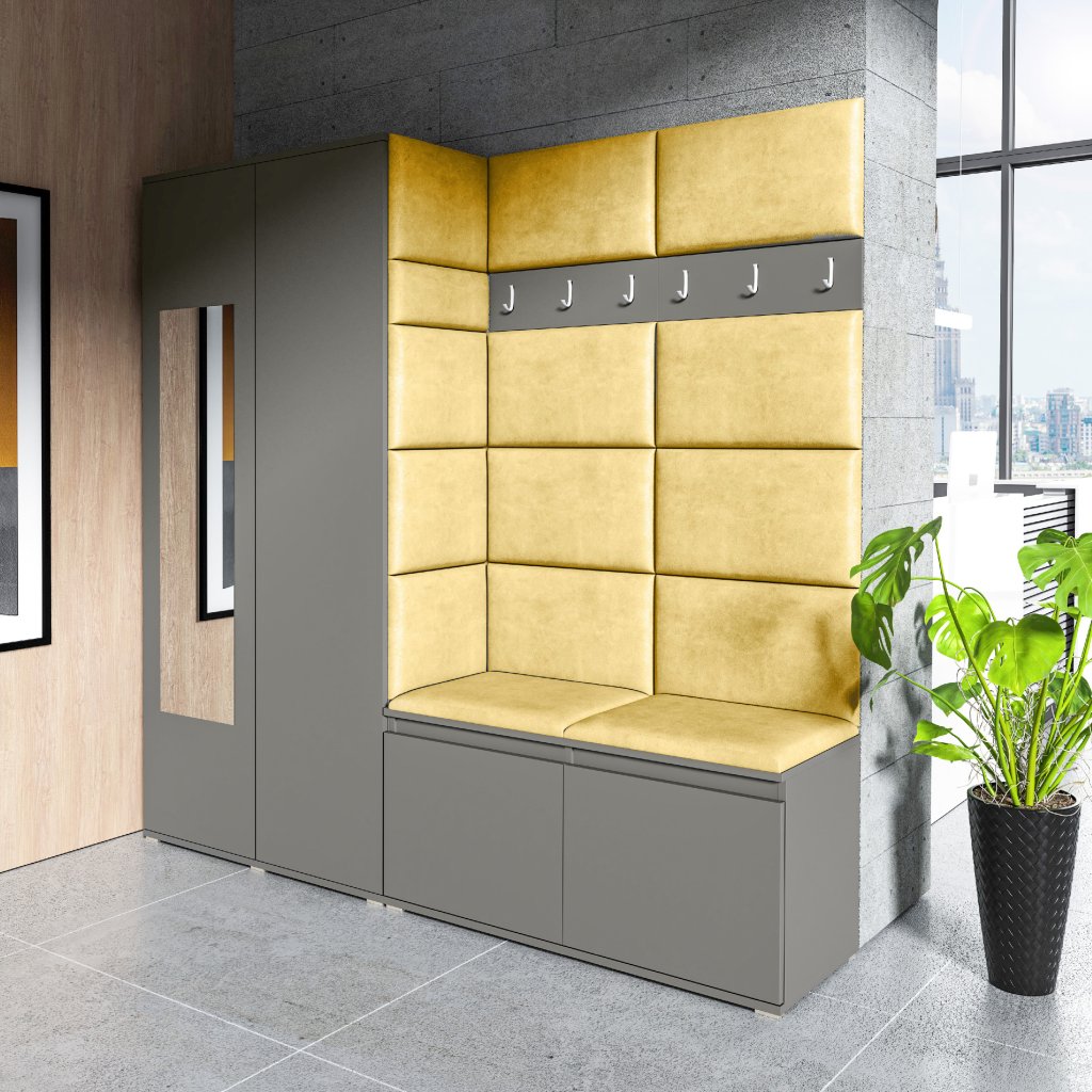 Eka Předsíňová stěna s čalouněnými panely Trinity 8 - Grafit / Žlutá 2318