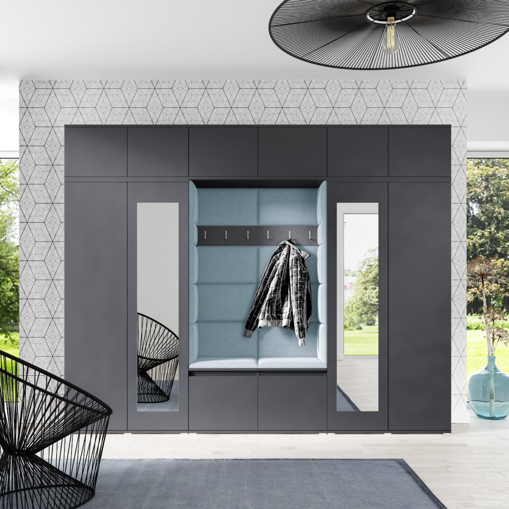 Eka Předsíňová stěna s čalouněnými panely Trinity 17 - Grafit / Světlá modrá 2322