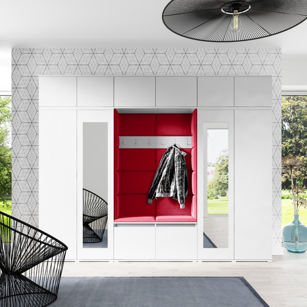 Eka Předsíňová stěna s čalouněnými panely Trinity 17 - Bílá / Rubínová 2324