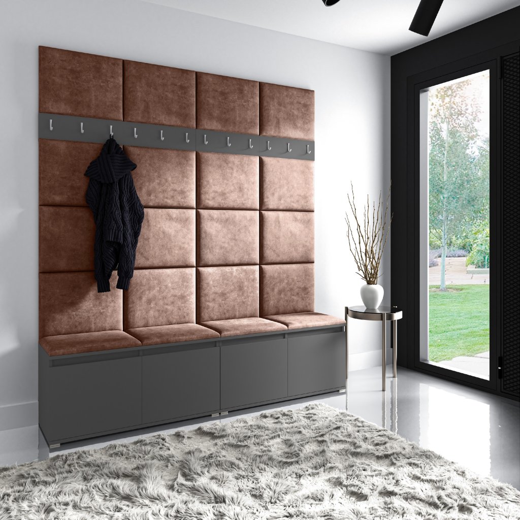 Eka Předsíňová stěna s čalouněnými panely Trinity 4 - Grafit / Hnědá 2307