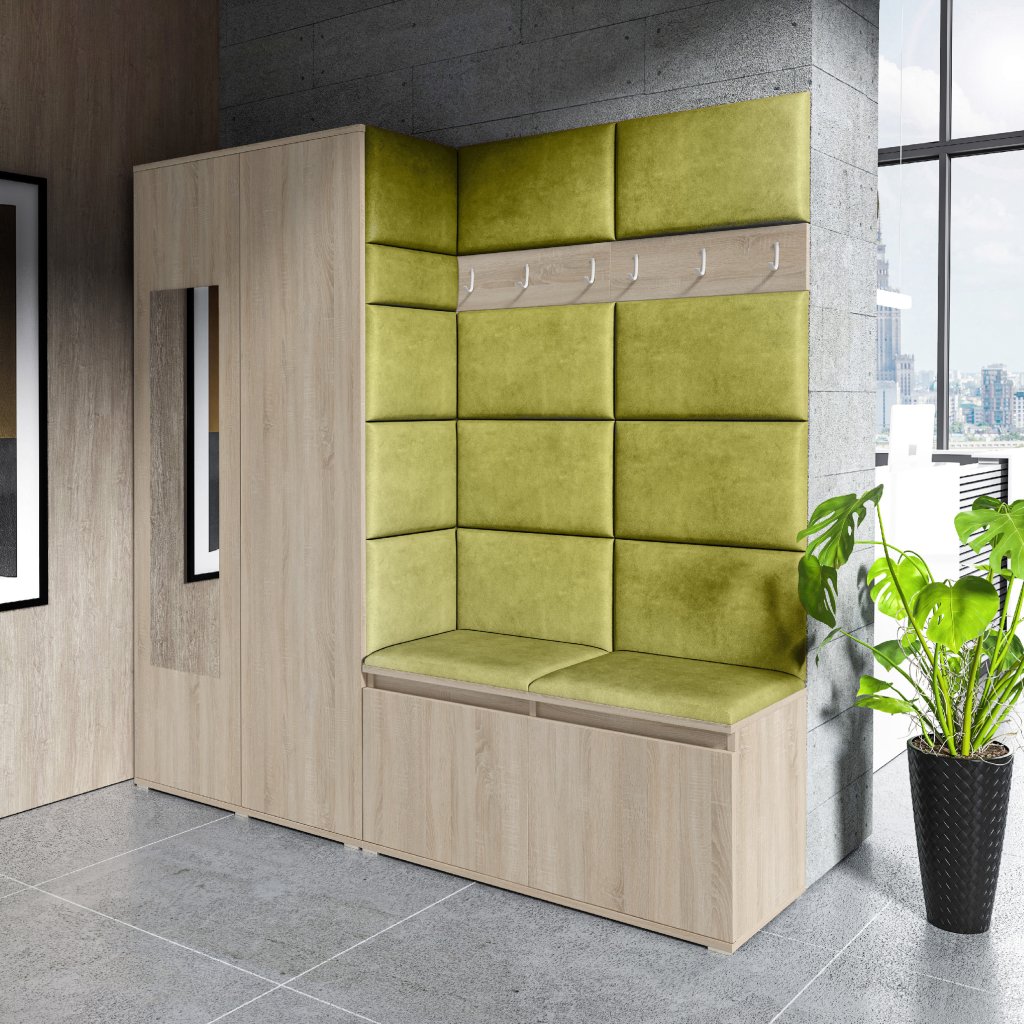 Eka Předsíňová stěna s čalouněnými panely Trinity 8 - Sonoma / Olivová 2312