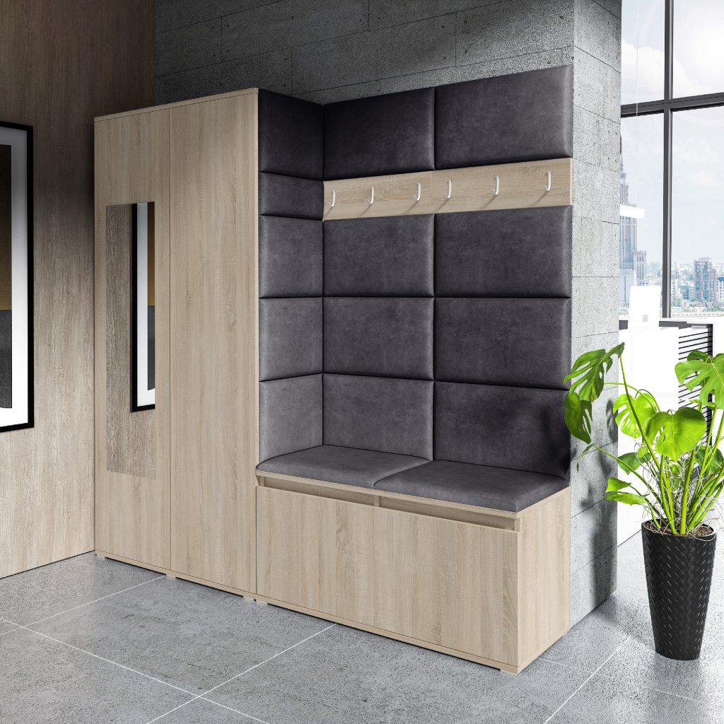 Eka Předsíňová stěna s čalouněnými panely Trinity 8 - Sonoma / Černá 2316