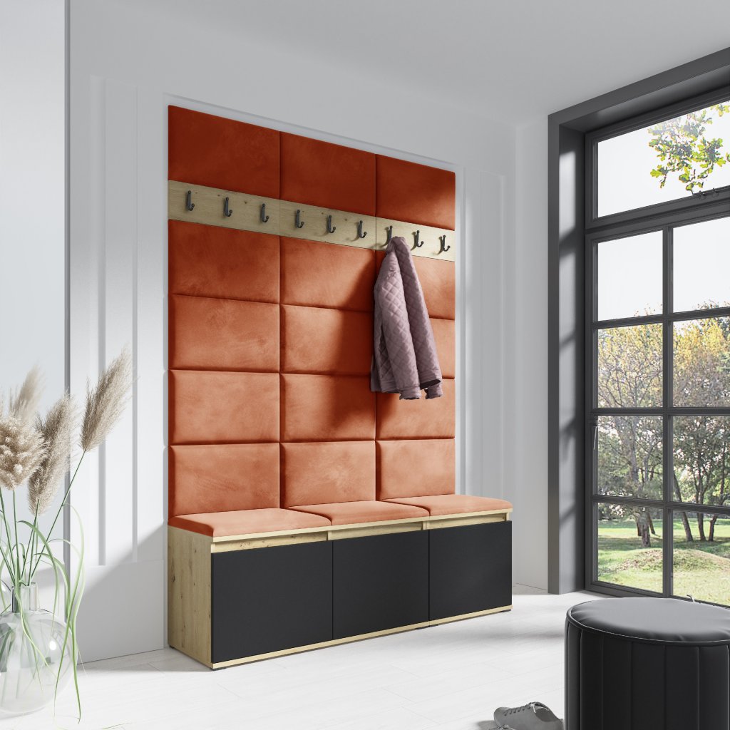 Eka Předsíňová stěna s čalouněnými panely Trinity 6 - Dub Artisan s černou / Okrová 2325