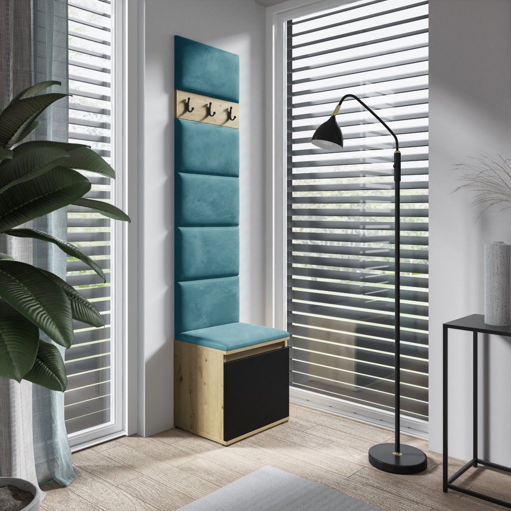 Eka Předsíňová stěna s čalouněnými panely Trinity 7 - Dub Artisan s černou / Azurová 2313