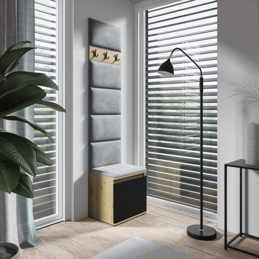 Eka Předsíňová stěna s čalouněnými panely Trinity 7 - Dub Artisan s černou / Šedá 2314