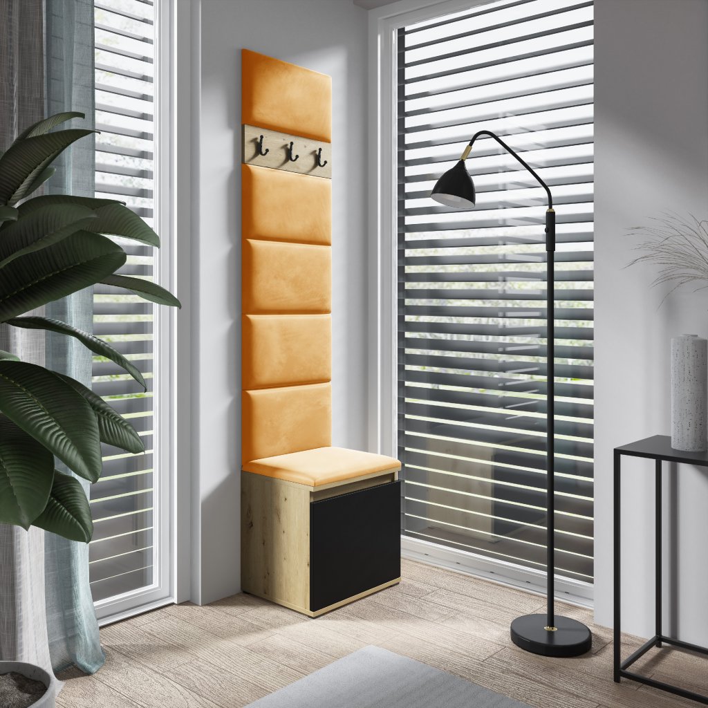 Eka Předsíňová stěna s čalouněnými panely Trinity 7 - Dub Artisan s černou / Hořčicová 2326