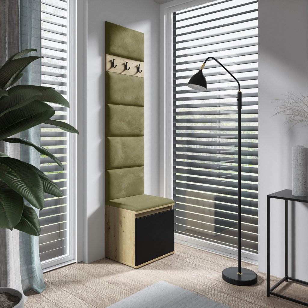 Eka Předsíňová stěna s čalouněnými panely Trinity 7 - Dub Artisan s černou / Khaki zelená 2327