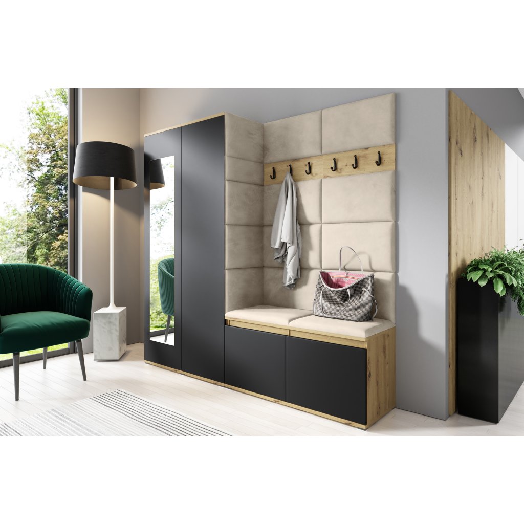 Eka Předsíňová stěna s čalouněnými panely Trinity 8 - Dub Artisan s černou / Tmavá krémová 2302