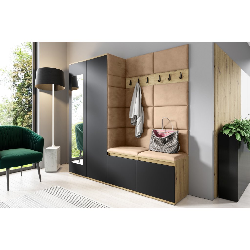Eka Předsíňová stěna s čalouněnými panely Trinity 8 - Dub Artisan s černou / Béžová 2304
