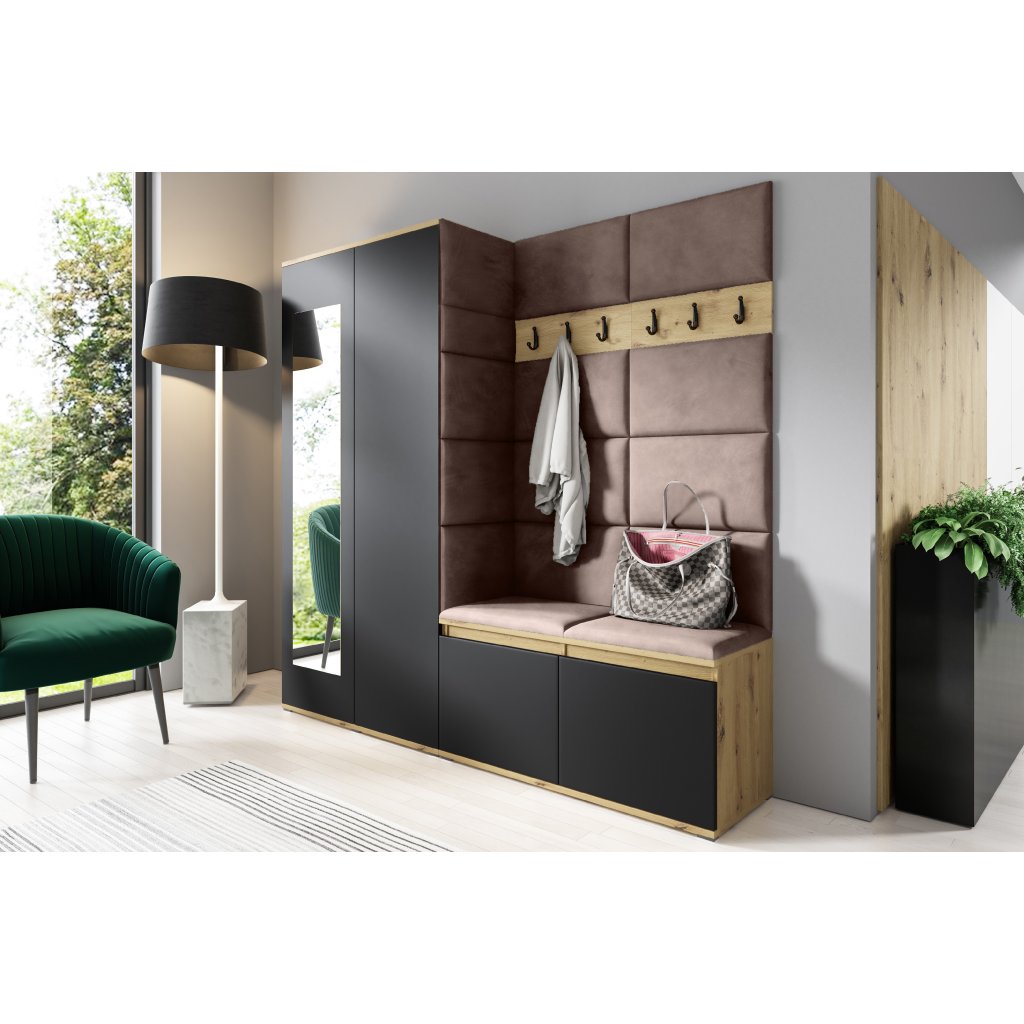 Eka Předsíňová stěna s čalouněnými panely Trinity 8 - Dub Artisan s černou / Světlá hnědá 2306
