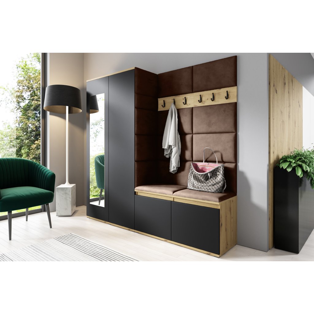 Eka Předsíňová stěna s čalouněnými panely Trinity 8 - Dub Artisan s černou / Hnědá 2307