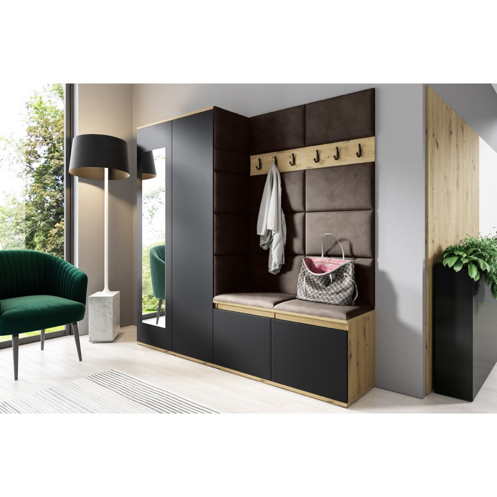 Eka Předsíňová stěna s čalouněnými panely Trinity 8 - Dub Artisan s černou / Tmavá hnědá 2308