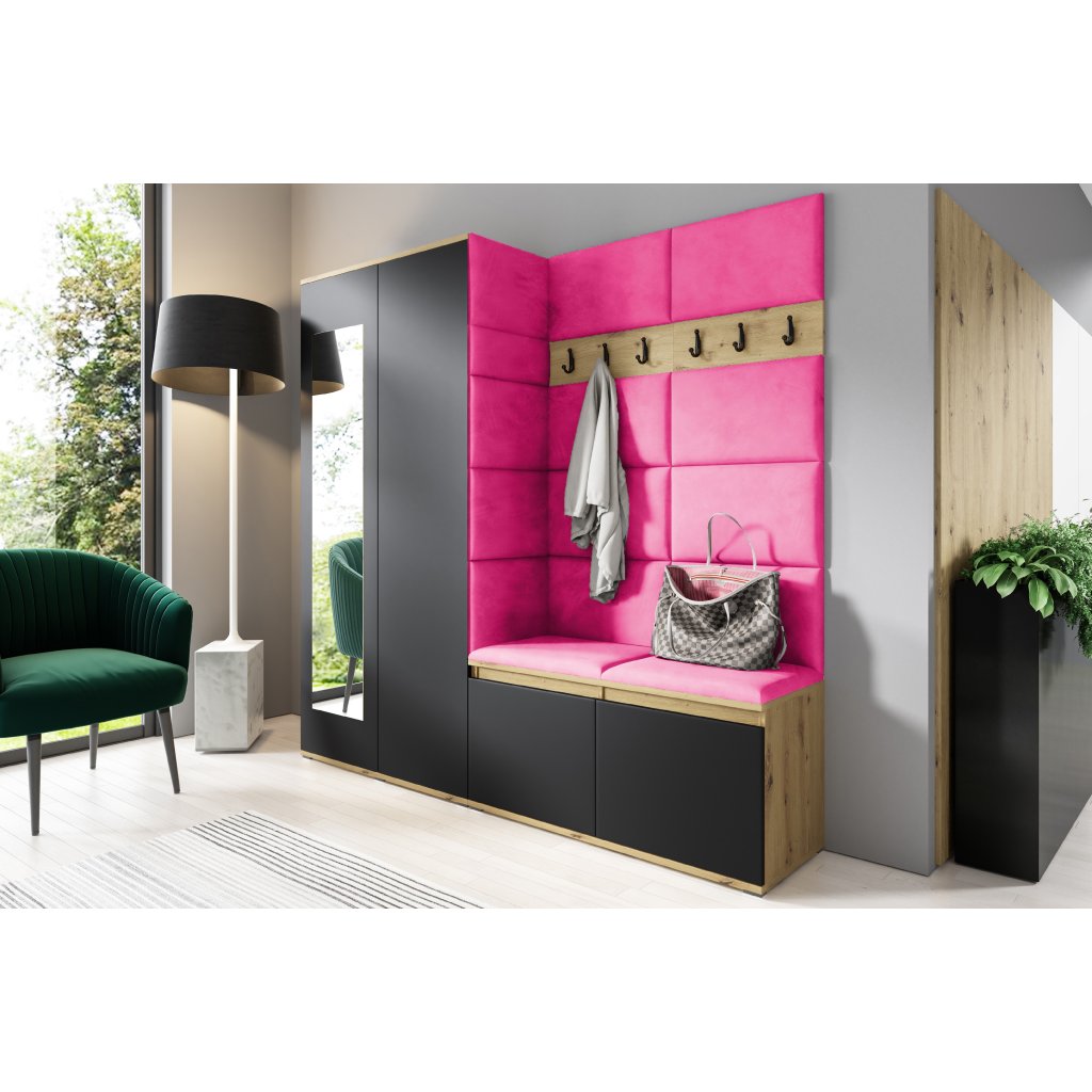 Eka Předsíňová stěna s čalouněnými panely Trinity 8 - Dub Artisan s černou / Růžová 2310