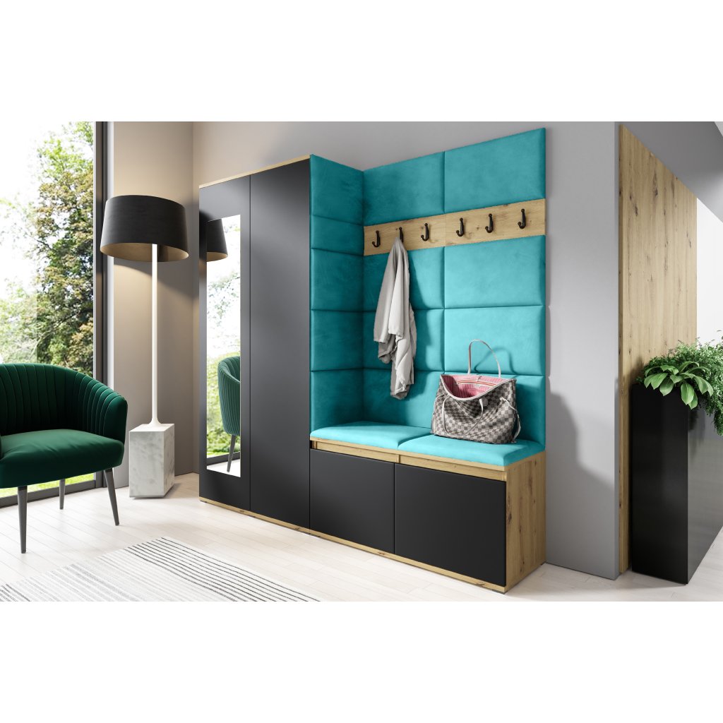 Eka Předsíňová stěna s čalouněnými panely Trinity 8 - Dub Artisan s černou / Azurová 2313