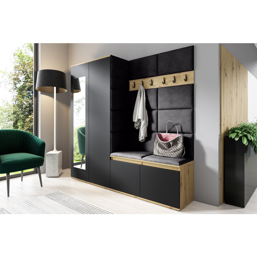 Eka Předsíňová stěna s čalouněnými panely Trinity 8 - Dub Artisan s černou / Černá 2316