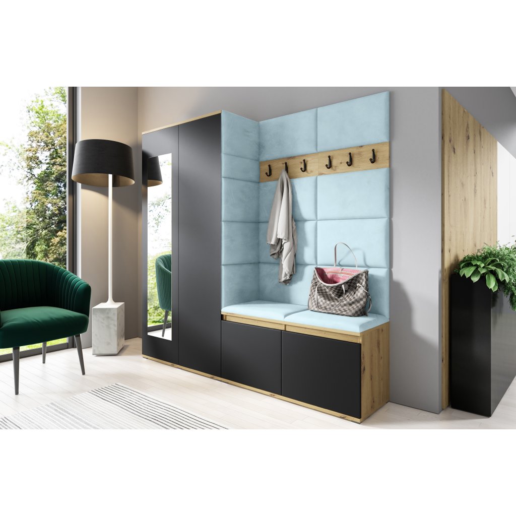 Eka Předsíňová stěna s čalouněnými panely Trinity 8 - Dub Artisan s černou / Světlá modrá 2322