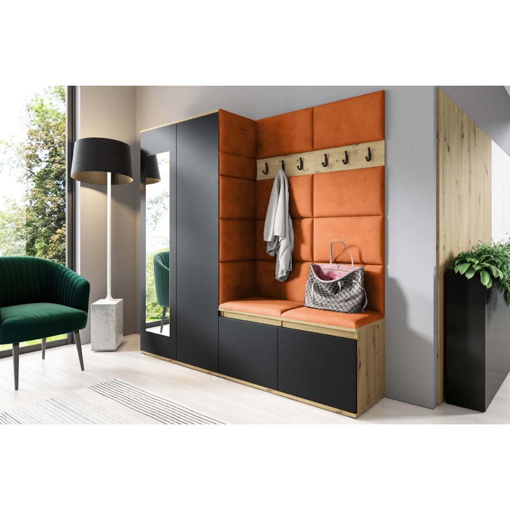 Eka Předsíňová stěna s čalouněnými panely Trinity 8 - Dub Artisan s černou / Okrová 2325