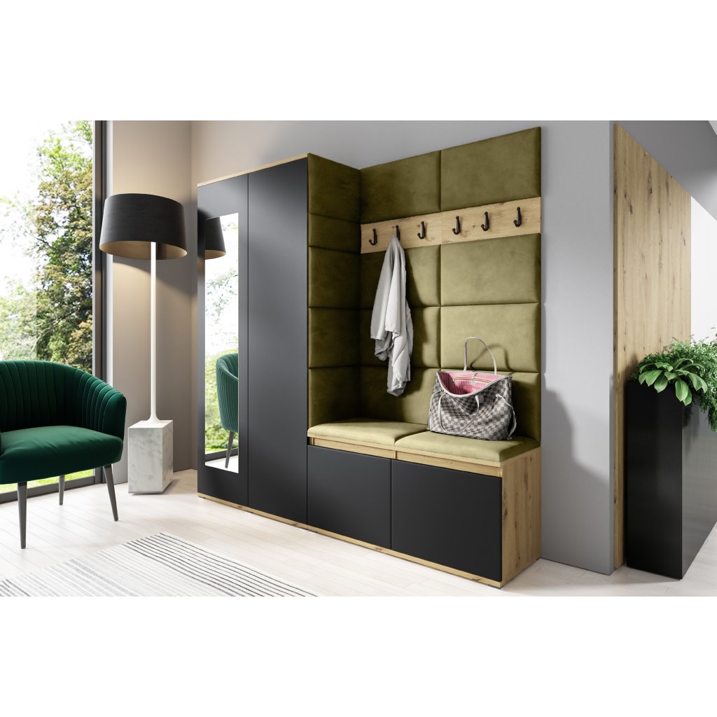 Eka Předsíňová stěna s čalouněnými panely Trinity 8 - Dub Artisan s černou / Khaki zelená 2327