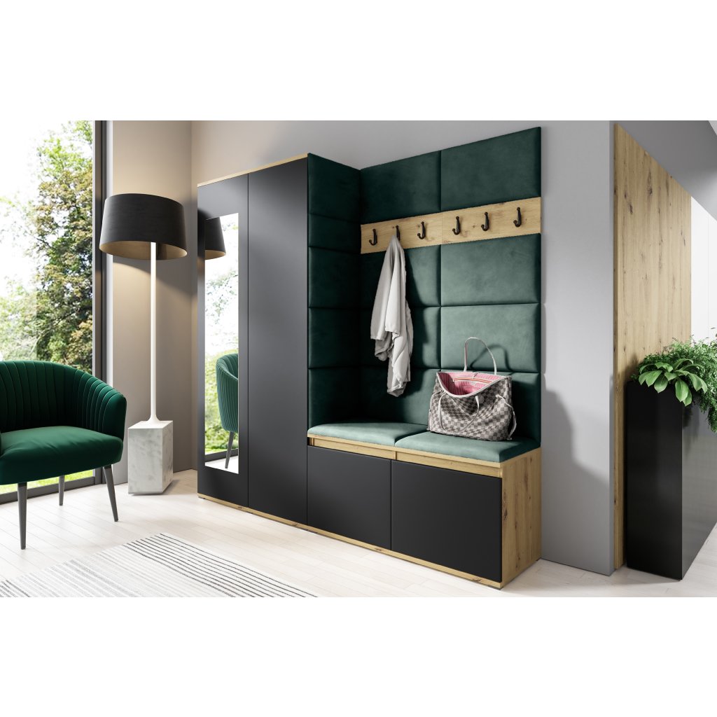 Eka Předsíňová stěna s čalouněnými panely Trinity 8 - Dub Artisan s černou / Tmavá zelená 2328