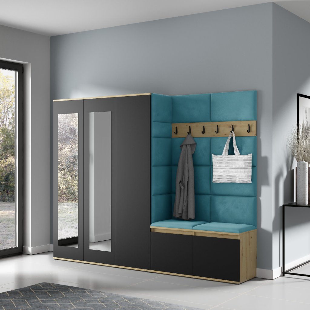 Eka Předsíňová stěna s čalouněnými panely Trinity 15 - Dub Artisan s černou / Azurová 2313