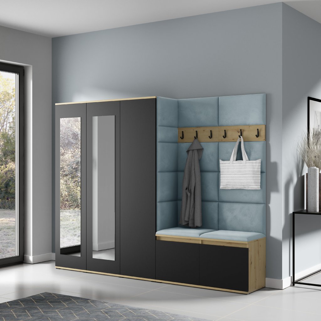 Eka Předsíňová stěna s čalouněnými panely Trinity 15 - Dub Artisan s černou / Světlá modrá 2322