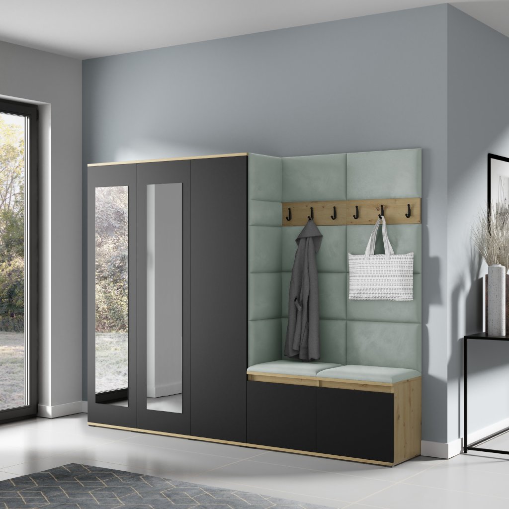 Eka Předsíňová stěna s čalouněnými panely Trinity 15 - Dub Artisan s černou / Světlá zelená 2321