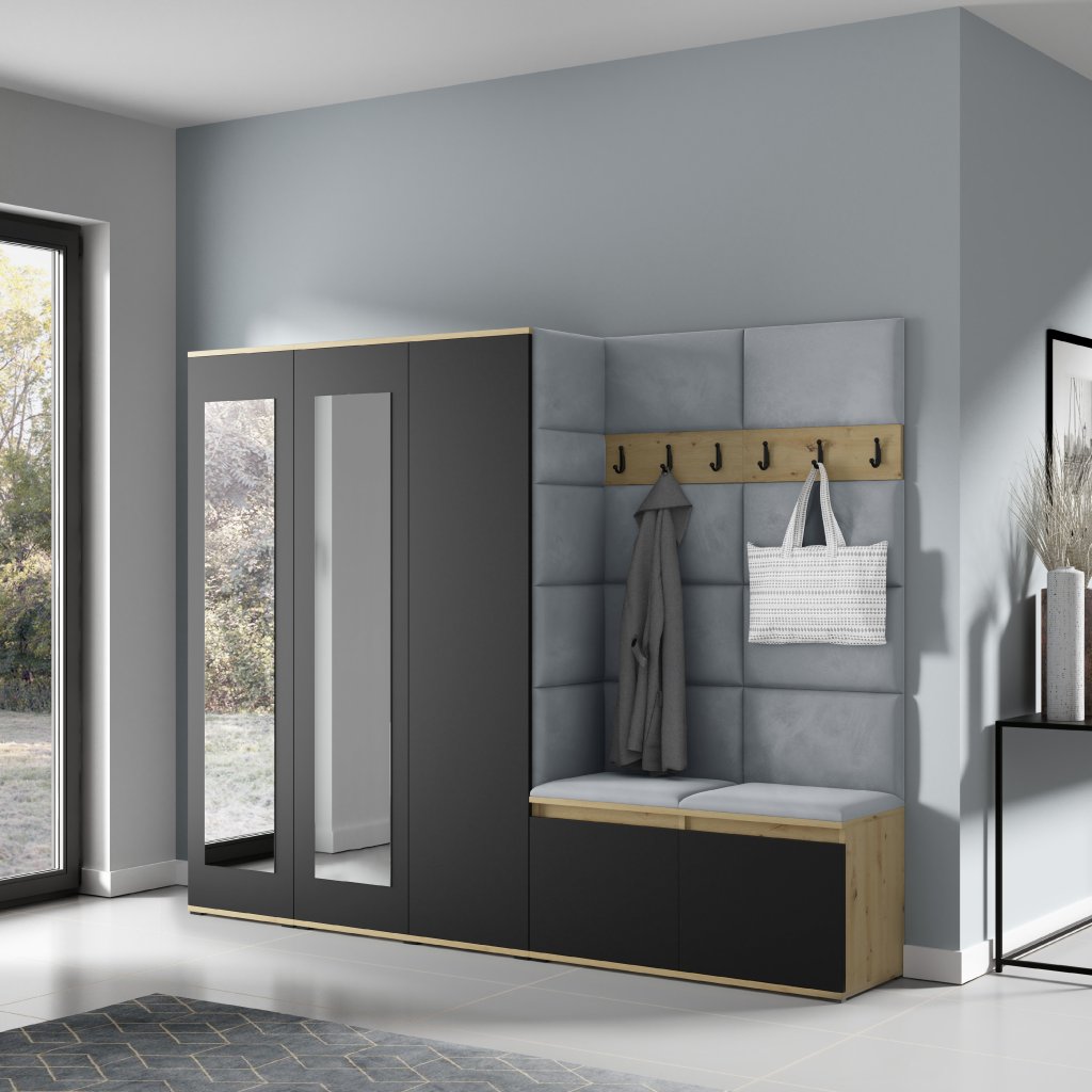 Eka Předsíňová stěna s čalouněnými panely Trinity 15 - Dub Artisan s černou / Šedá 2314