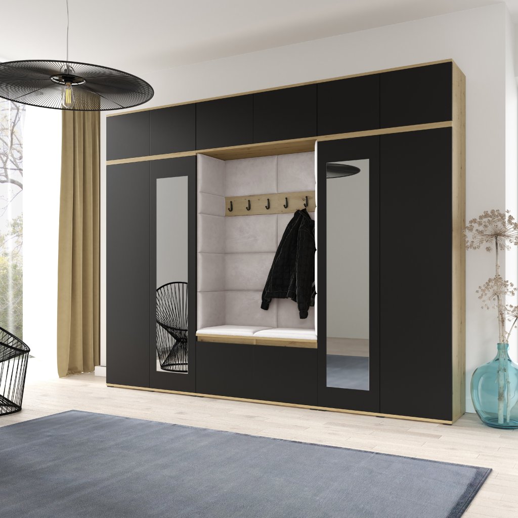 Eka Předsíňová stěna s čalouněnými panely Trinity 17 - Dub Artisan s černou / Krémová bílá 2301