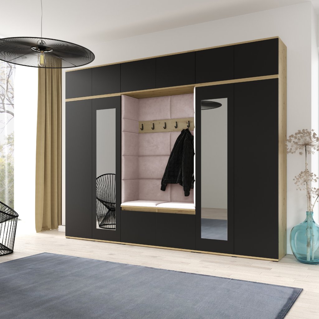 Eka Předsíňová stěna s čalouněnými panely Trinity 17 - Dub Artisan s černou / Světlá růžová 2319