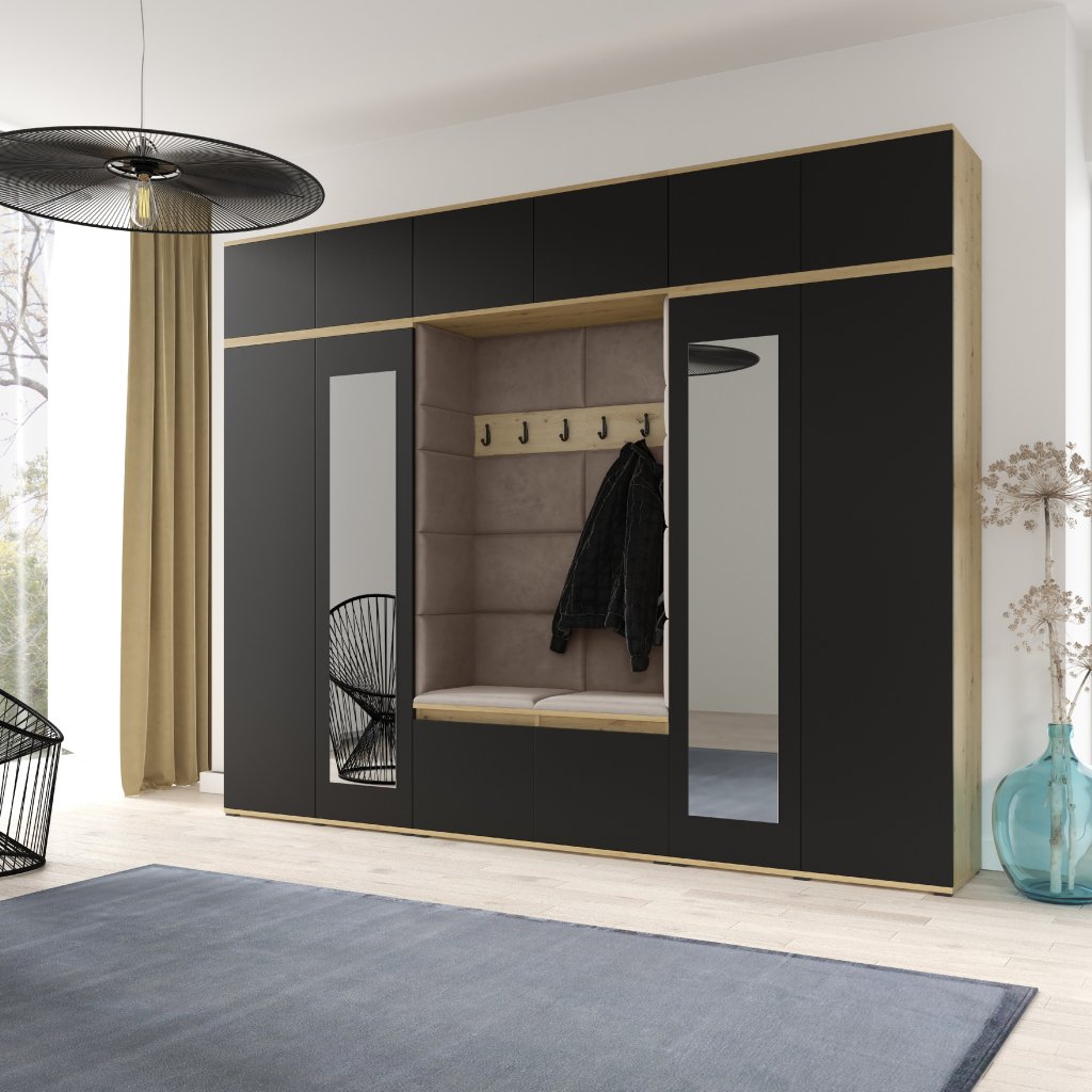 Eka Předsíňová stěna s čalouněnými panely Trinity 17 - Dub Artisan s černou / Tmavá béžová 2305