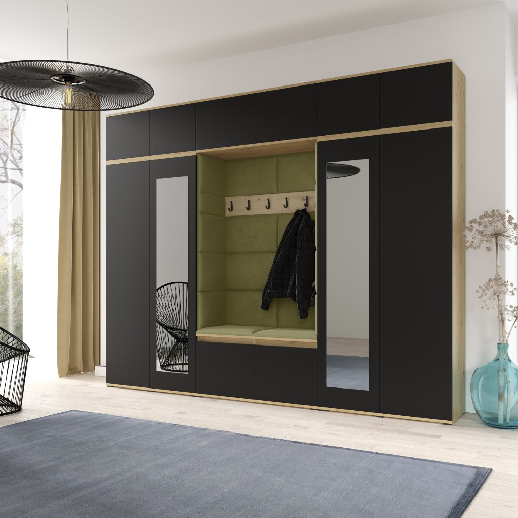 Eka Předsíňová stěna s čalouněnými panely Trinity 17 - Dub Artisan s černou / Zelená 2327