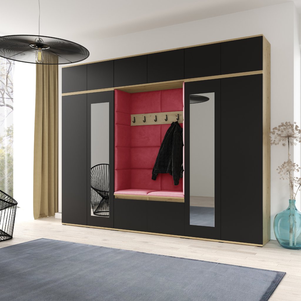 Eka Předsíňová stěna s čalouněnými panely Trinity 17 - Dub Artisan s černou / Červená 2309