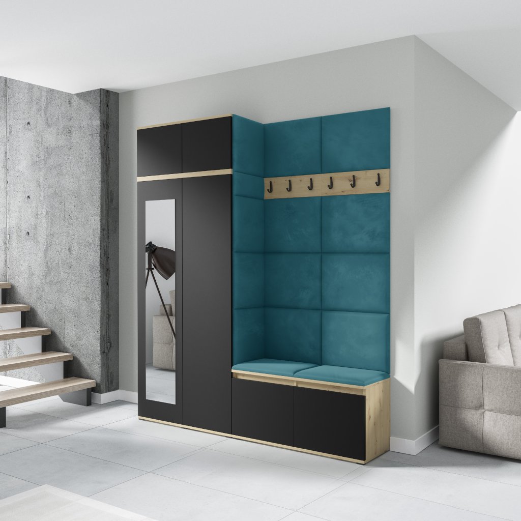 Eka Předsíňová stěna s čalouněnými panely Trinity 19 - Dub Artisan s černou / Azurová 2313