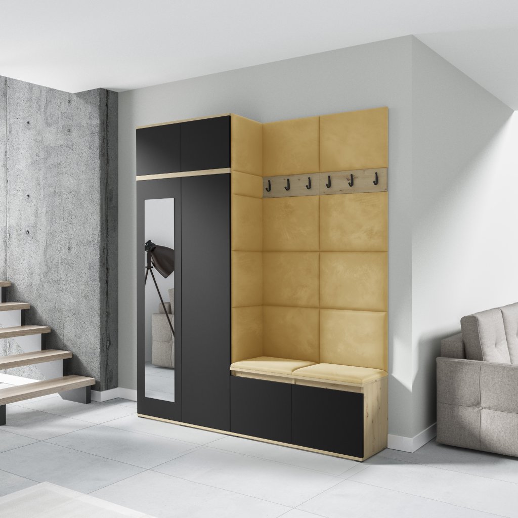 Eka Předsíňová stěna s čalouněnými panely Trinity 19 - Dub Artisan s černou / Žlutá 2318